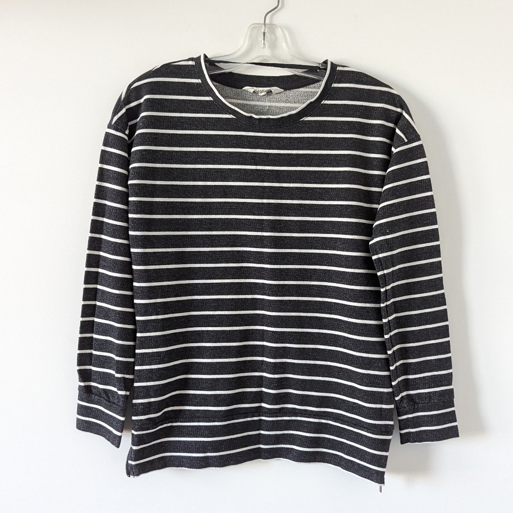 Danskin Striped Zip-Detail Long Sleeve Top - Black and White, Size XS Oversized